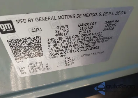 2025 Chevrolet Equinox Awd Lt из США, поврежденный, VIN 3GNAXPEGXSL218491